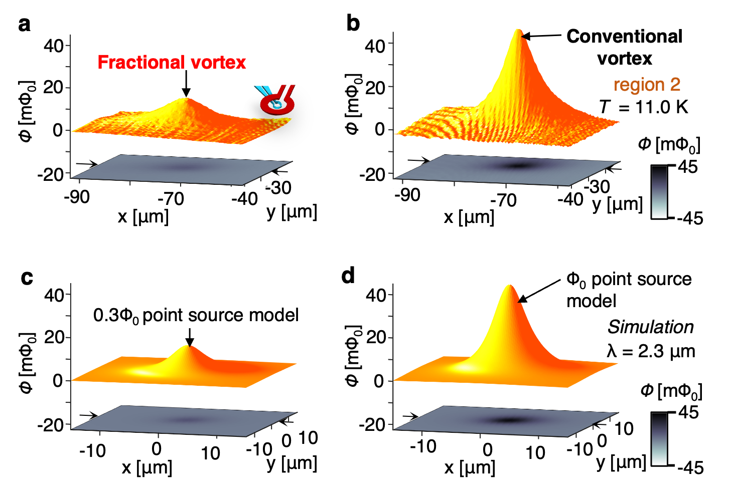 Experimentally observed magnetic flux scan over (a) the un-quantized vortex and (b) the quantized vortex. Simulation results with (c) $0.3\Phi_0$ and (d) $\Phi_0$ point sources for (a) and (b), respectively. Reprinted figure from [3]. Copyright 2023, by , The American Association for the Advancement of Science